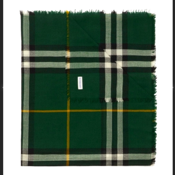 NWT$490 BURBERRY Giant Check Logo Pattern Fringed Trim Green Wool Twill Scarf - Picture 3 of 16
